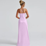 Purple Straps Low Cut V Neck High Slit Bandage Evening Party Dress