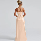 Apricot Straps Low Cut V Neck High Slit Bandage Evening Party Dress