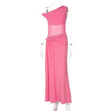 Pink Off Shoulder Mesh See Through Slim Fit Vacation Maxi Dress