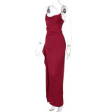 Claret Straps Low Cut V Neck High Slit Bandage Evening Party Dress