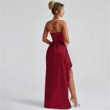 Claret Straps Low Cut V Neck High Slit Bandage Evening Party Dress