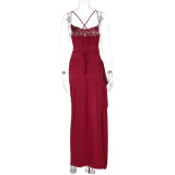 Claret Straps Low Cut V Neck High Slit Bandage Evening Party Dress