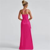 Rose Red Straps Low Cut V Neck High Slit Bandage Evening Party Dress