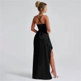 Black Straps Low Cut V Neck High Slit Bandage Evening Party Dress