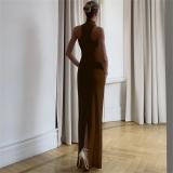 Brown Halter Neck Snatched Cut Out Women Casual Prom Dress