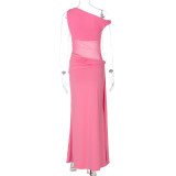 Pink Off Shoulder Mesh See Through Slim Fit Vacation Maxi Dress