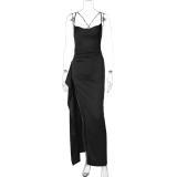 Black Straps Low Cut V Neck High Slit Bandage Evening Party Dress