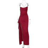 Claret Straps Low Cut V Neck High Slit Bandage Evening Party Dress