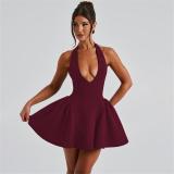 Claret Halter Deep V Neck Slim Fit Bodycon Women Skirt Mini Dress