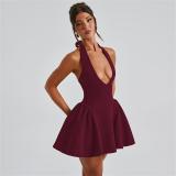Claret Halter Deep V Neck Slim Fit Bodycon Women Skirt Mini Dress