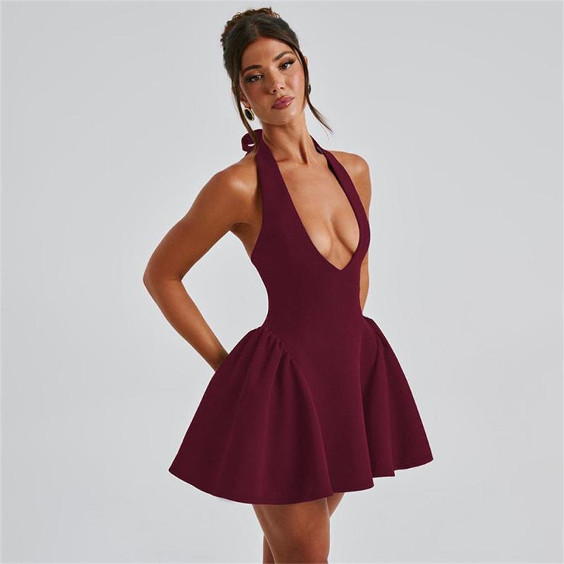 Claret Halter Deep V Neck Slim Fit Bodycon Women Skirt Mini Dress