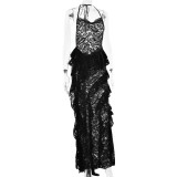 Black Straps Lace Hollow Out See Through Sexy Ruffles Evening Party Dress