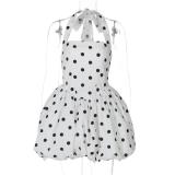White Printed Dots Strapless Pleated Ladies Mini Skirt Dress