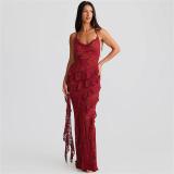 Claret Straps Lace Hollow Out See Through Sexy Ruffles Evening Party Dress