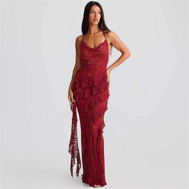 Claret Straps Lace Hollow Out See Through Sexy Ruffles Evening Party Dress