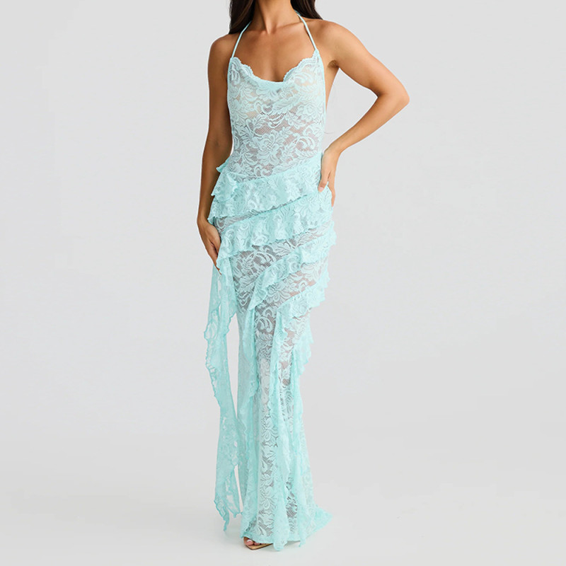Light Blue Straps Lace Hollow Out See Through Sexy Ruffles Evening Party Dress