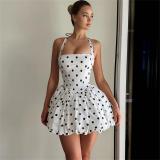 White Printed Dots Strapless Pleated Ladies Mini Skirt Dress
