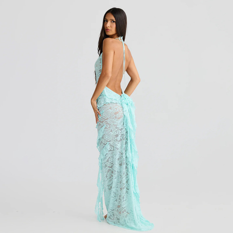 Light Blue Straps Lace Hollow Out See Through Sexy Ruffles Evening Party Dress