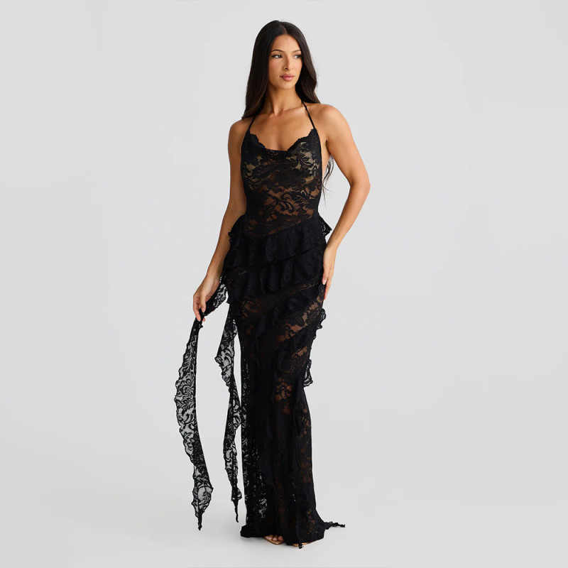 Black Straps Lace Hollow Out See Through Sexy Ruffles Evening Party Dress