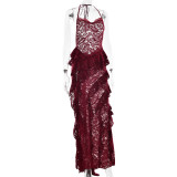 Claret Straps Lace Hollow Out See Through Sexy Ruffles Evening Party Dress