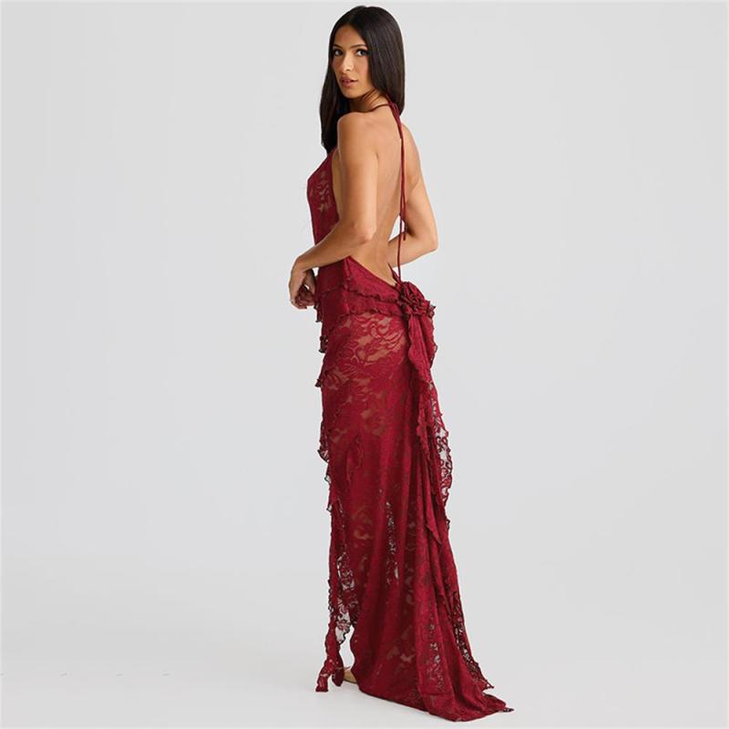 Claret Straps Lace Hollow Out See Through Sexy Ruffles Evening Party Dress