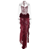 Claret Straps Lace Hollow Out See Through Sexy Ruffles Evening Party Dress