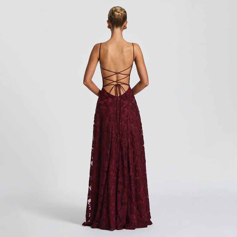 Claret Strapless Low Cut Square Neck Lace See Through with Lining Evening Prom Dress