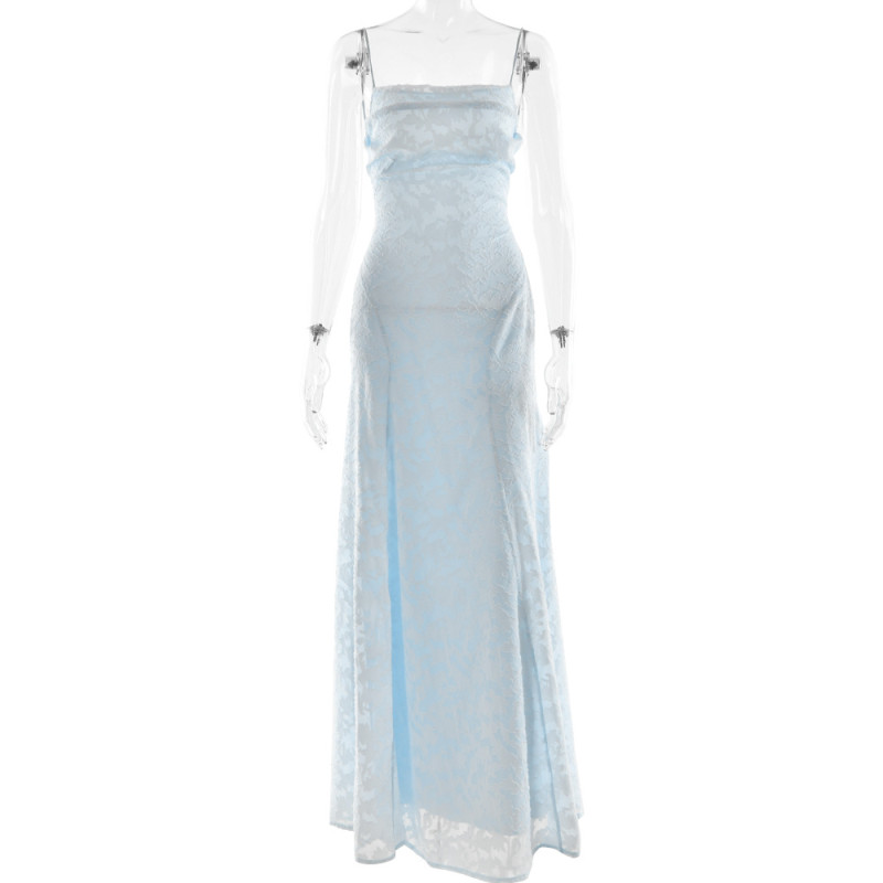 Light Blue Strapless Low Cut Square Neck Lace See Through with Lining Evening Prom Dress