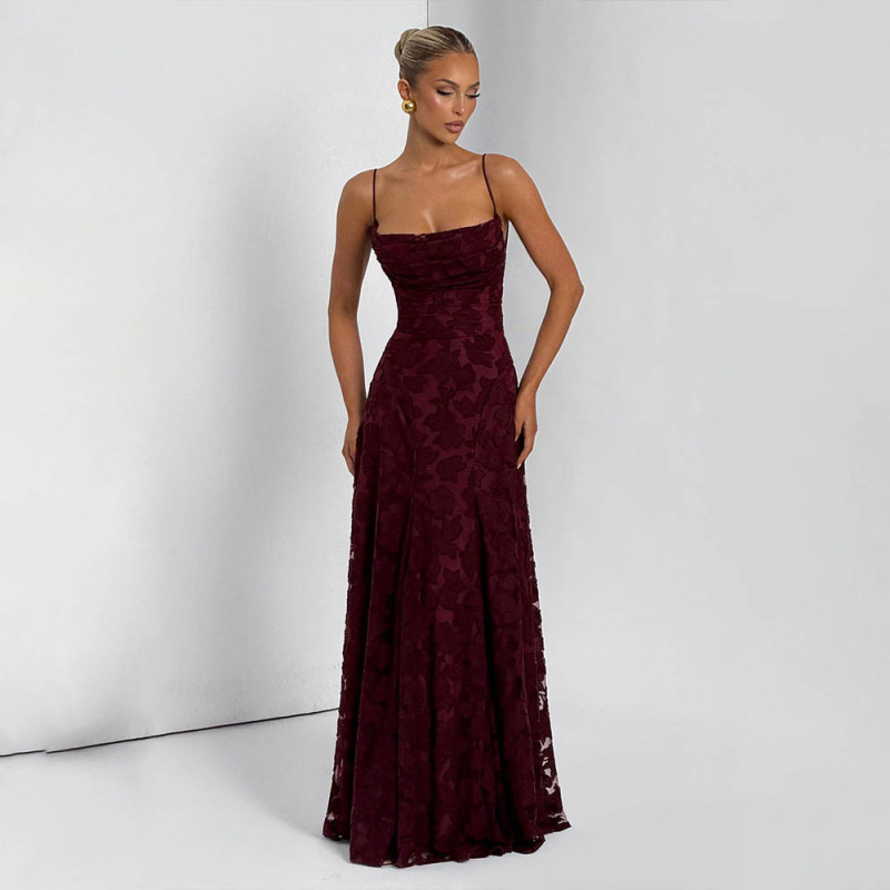 Claret Strapless Low Cut Square Neck Lace See Through with Lining Evening Prom Dress