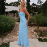 Blue Off the Shoulder Pleated Evening Women's Formal Long Dress