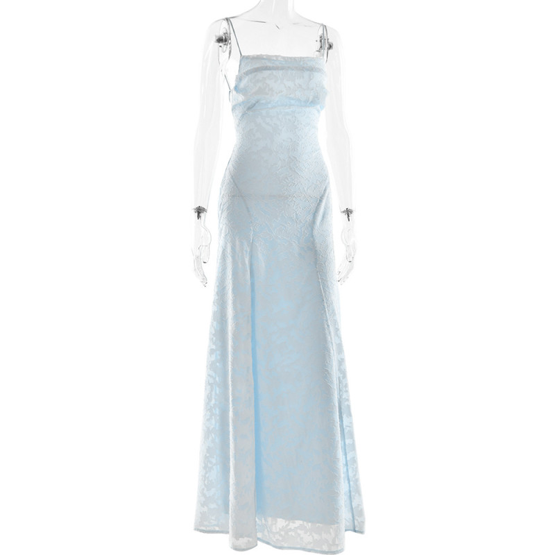Light Blue Strapless Low Cut Square Neck Lace See Through with Lining Evening Prom Dress