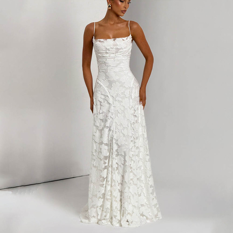 White Strapless Low Cut Square Neck Lace See Through with Lining Evening Prom Dress