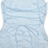 Light Blue Strapless Low Cut Square Neck Lace See Through with Lining Evening Prom Dress