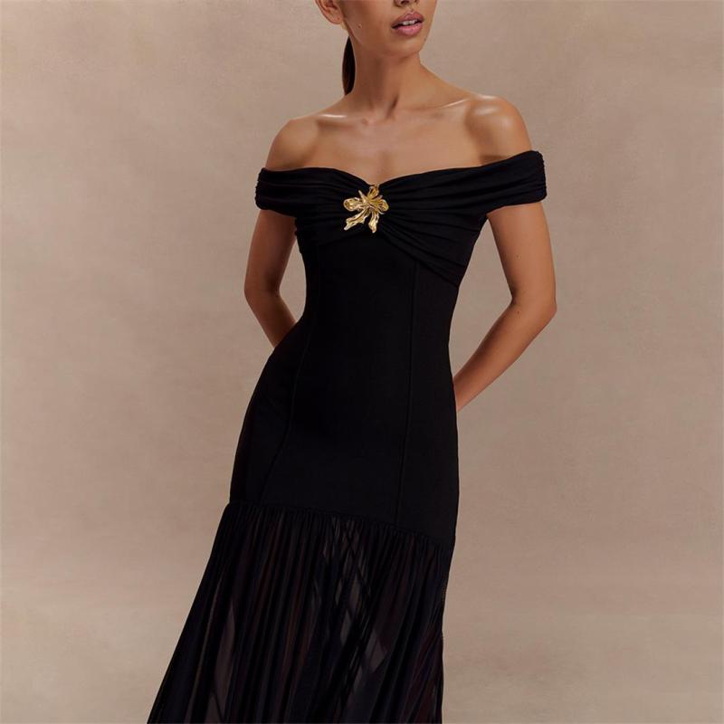 Black Luxury Off Shoulder Mesh Pleated Party Evening Formal Maxi Dress