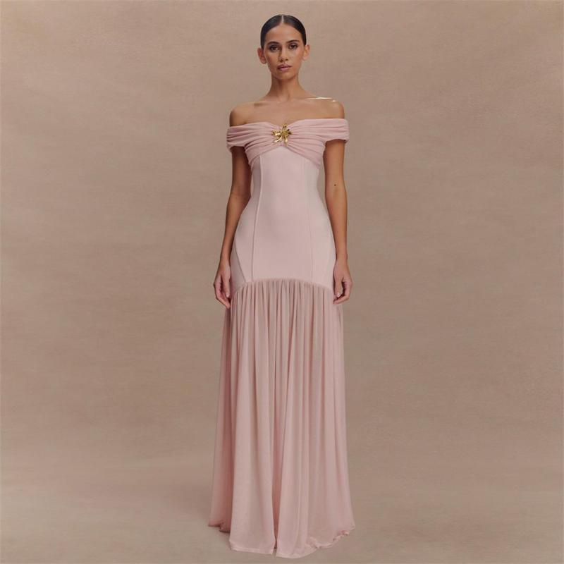 Pink Luxury Off Shoulder Mesh Pleated Party Evening Formal Maxi Dress