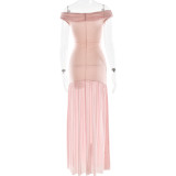 Pink Luxury Off Shoulder Mesh Pleated Party Evening Formal Maxi Dress