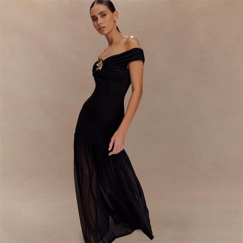Black Luxury Off Shoulder Mesh Pleated Party Evening Formal Maxi Dress