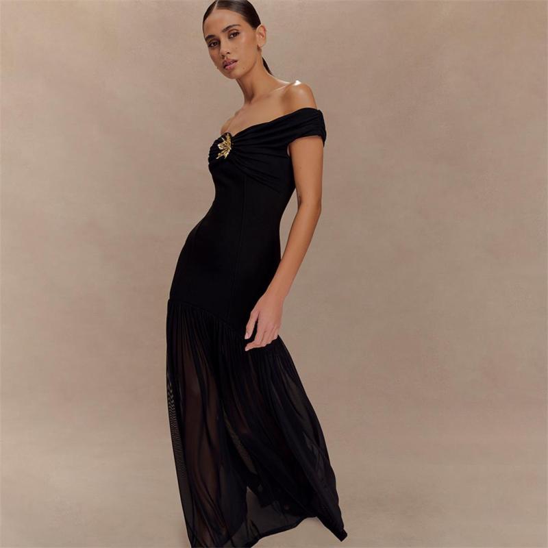Black Luxury Off Shoulder Mesh Pleated Party Evening Formal Maxi Dress