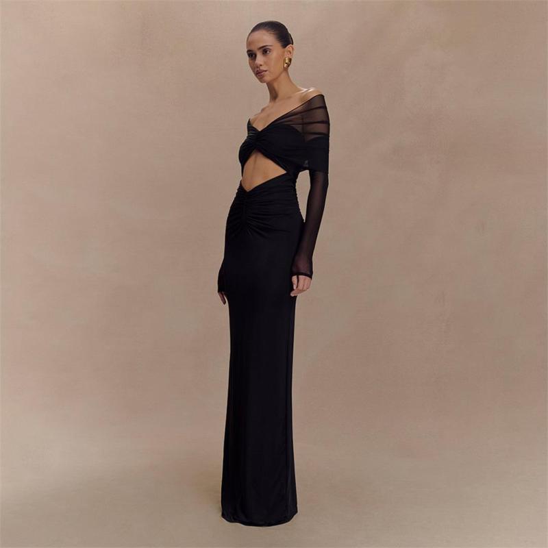 Black Luxury Off Shoulder Mesh Pleated Party Cut Out Formal Maxi Dress