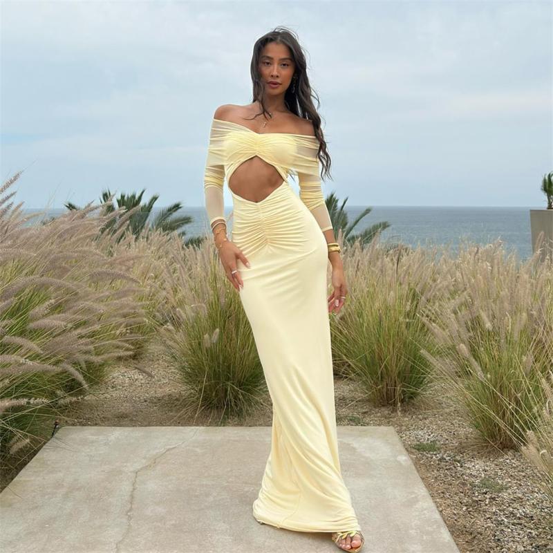 Yellow Luxury Off Shoulder Mesh Pleated Party Cut Out Formal Maxi Dress