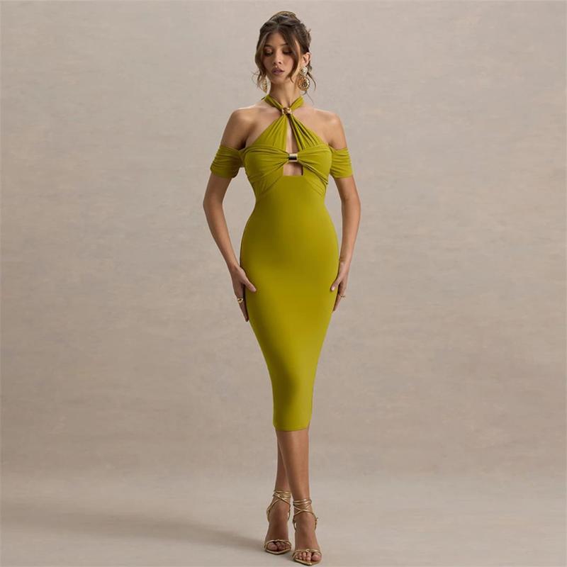 Green Halter Snatched Backless Bodycon Women Midi Dress