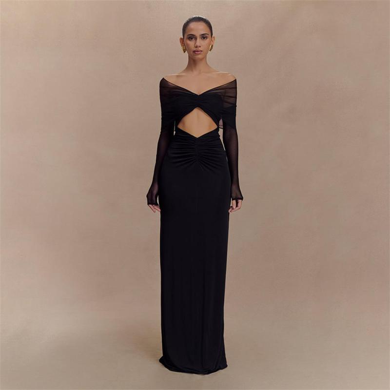 Black Luxury Off Shoulder Mesh Pleated Party Cut Out Formal Maxi Dress