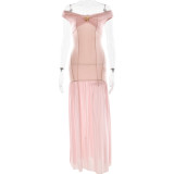 Pink Luxury Off Shoulder Mesh Pleated Party Evening Formal Maxi Dress
