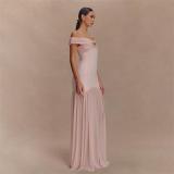 Pink Luxury Off Shoulder Mesh Pleated Party Evening Formal Maxi Dress