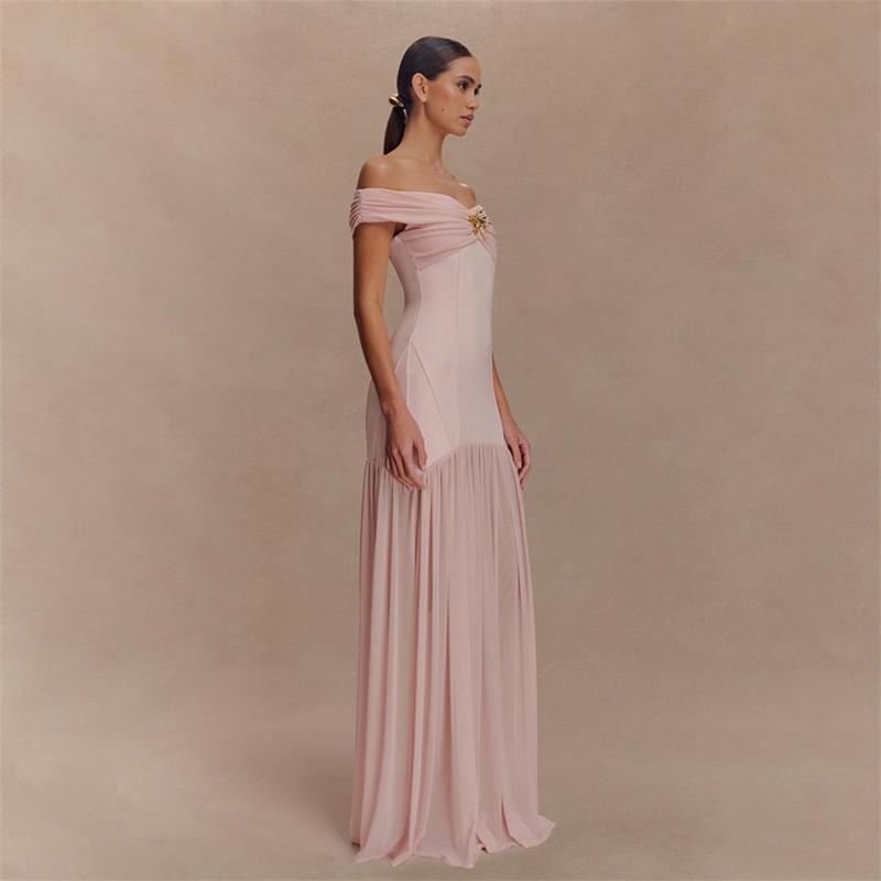 Pink Luxury Off Shoulder Mesh Pleated Party Evening Formal Maxi Dress