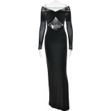 Black Luxury Off Shoulder Mesh Pleated Party Cut Out Formal Maxi Dress
