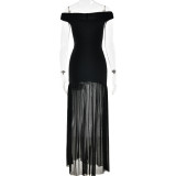 Black Luxury Off Shoulder Mesh Pleated Party Evening Formal Maxi Dress