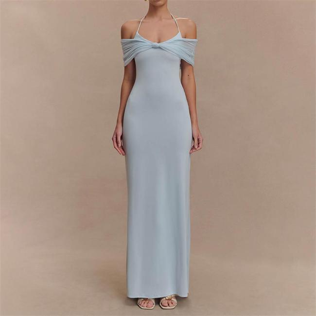 Light Blue Straps Low Cut Mesh Pleated Evening Party Prom Maxi Dress