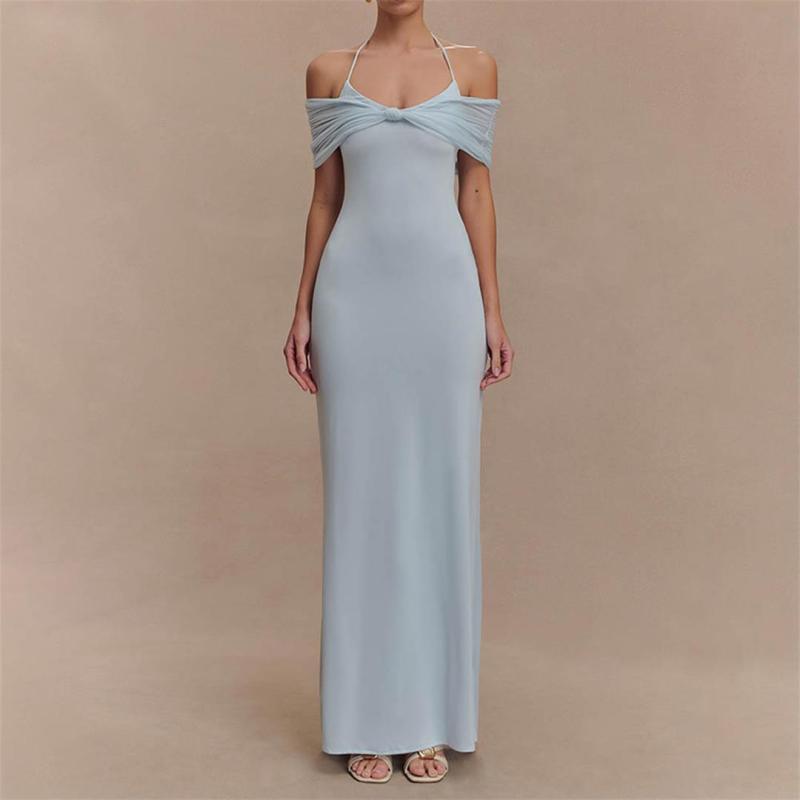 Light Blue Straps Low Cut Mesh Pleated Evening Party Prom Maxi Dress