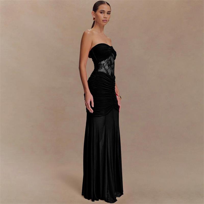 Black Off Shoulder Elegant Pleated Lace See Through Bodycon Evening Formal Dress